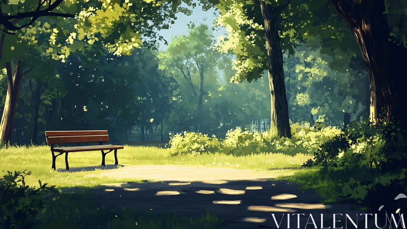 Sunlit Park Bench Surrounded by Forest Canopy