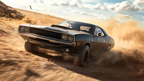 Duststorm muscle car slingshots through sunlit desert fury.