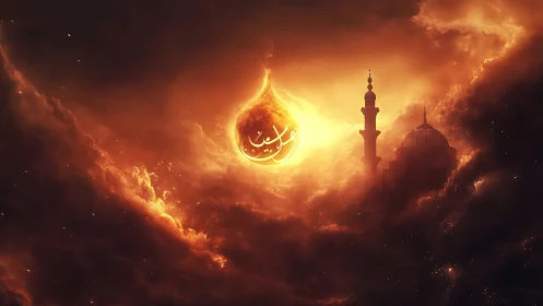 Radiant crescent flame embraces a tranquil mosque skyline