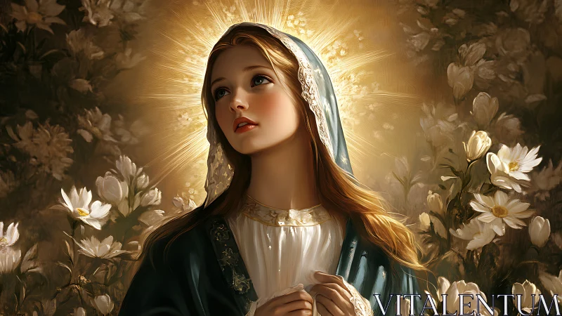 Sacred female portrait with radiant halo and white florals.