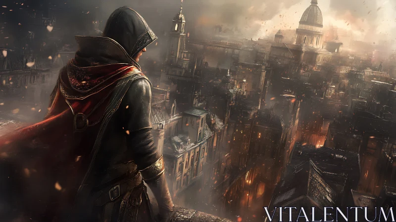 Hooded rogue surveys smog-lit industrial city under ember haze