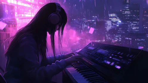 Neon rain drifts as a lone synth player scores the skyline