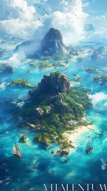 Archipelago landscape featuring dramatic volcanic peaks amid turquoise waters.