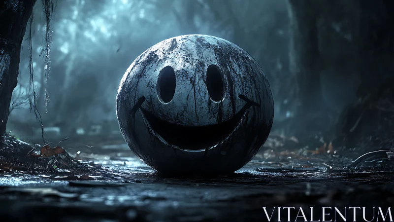 Rotting smiley sphere resting in misty haunted forest path.