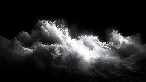High-contrast monochrome seascape with sculpted breaking waves.