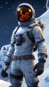 Lone astronaut stands on icy alien ridge under starry sky