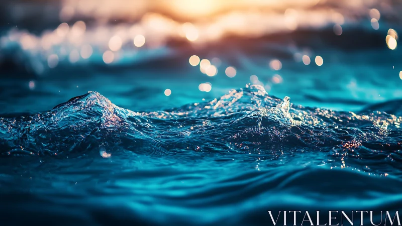 Macro ocean surface waves in sunset backlight bokeh glow