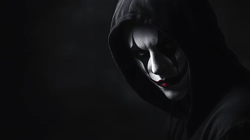 Hooded monochrome clown portrait in low key chiaroscuro lighting.
