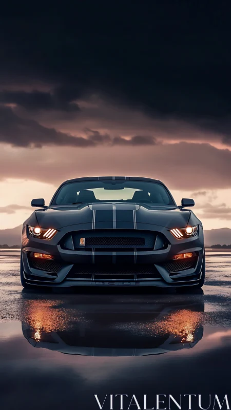 Performance coupe front view in stormy sunset reflections.