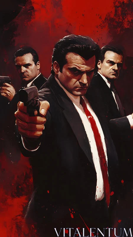 Triadic gunmen in noir composition dominate blood-red canvas