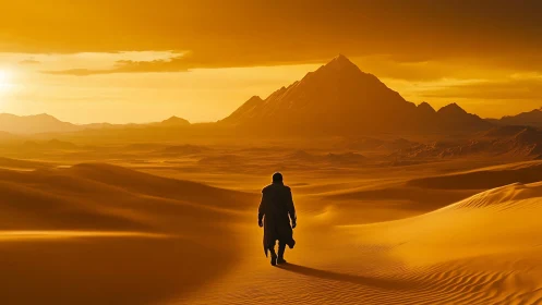 Wanderer in golden dunes beneath a distant silent peak.