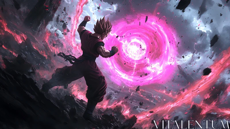 Dynamic anime battle vortex with magenta energy core field.
