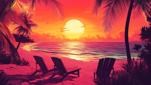 Chromatic tropical shoreline rendered in digital sunset geometry.