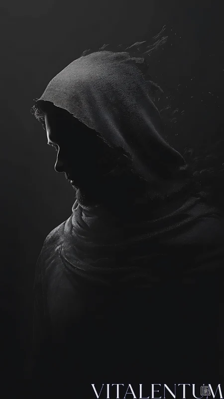 Hooded male silhouette dissolving into textured digital shadow