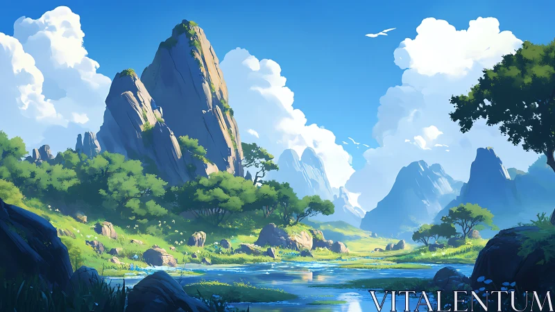 Digital landscape shows rocky peaks, river, and cloud formations