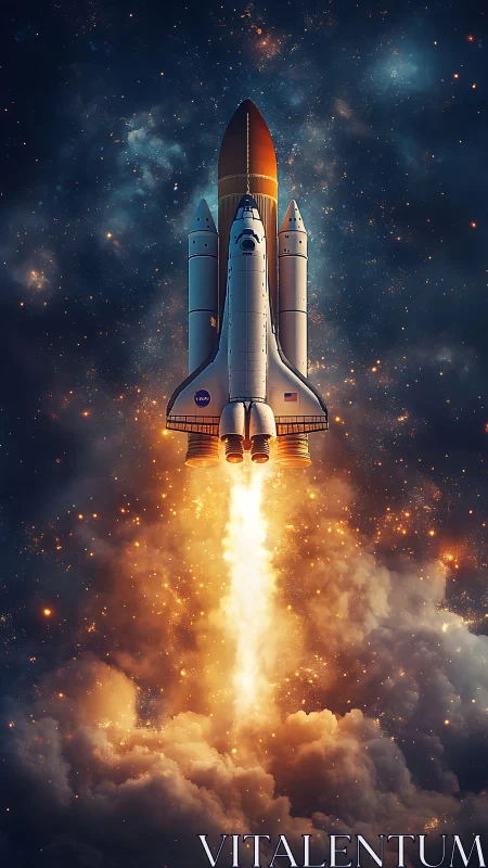 Space shuttle launch with bright exhaust plume at night.