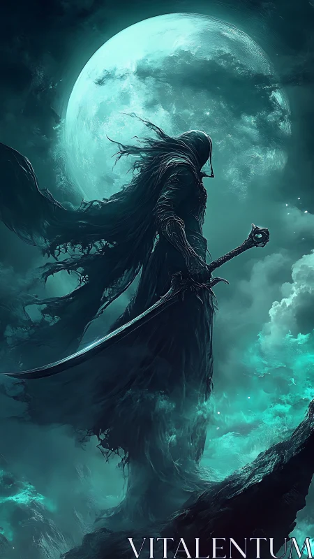Hooded wraith with sword under full moon on cliff edge.