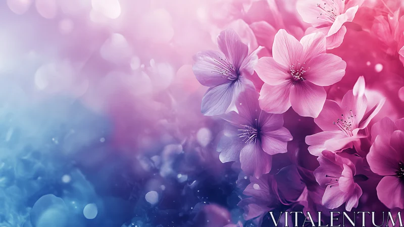 Soft-Focus Floral Composition with Pink and Purple Petals Against Gradient Blue-Magenta Bokeh