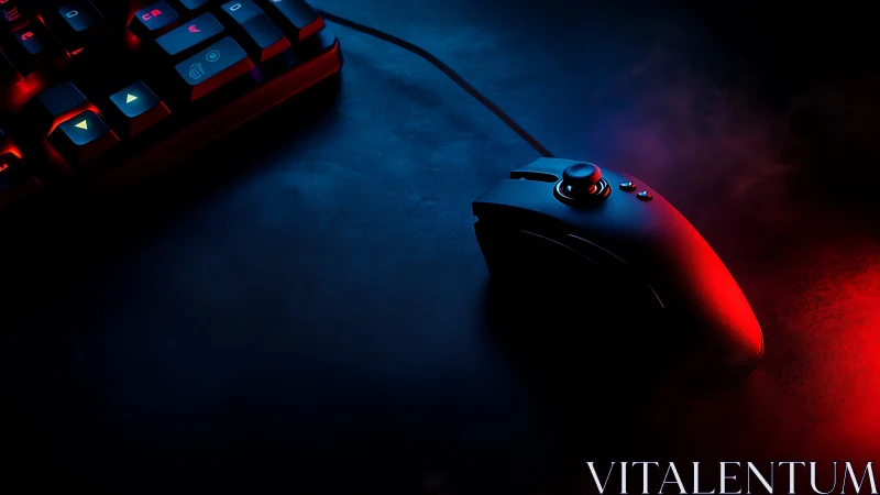 Wired gaming mouse and keyboard in red and blue lighting.