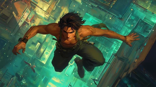 Urban freefall hero dives through neon-lit city canyon.