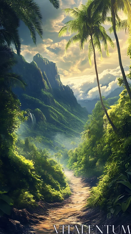 Sunlit tropical ravine leads toward misted volcanic peaks