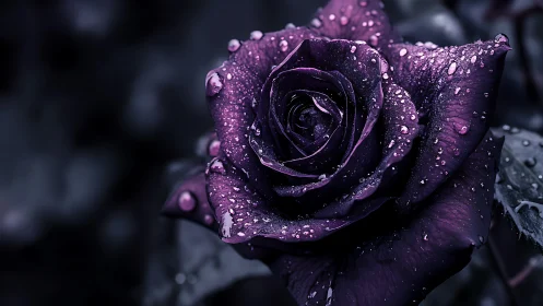 Velvety purple rose in macro detail with luminous dew droplets.