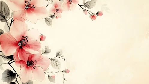 Botanical watercolor floral arrangement with soft pink blooms and branches.