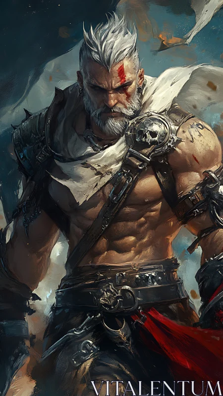 Armored warrior with white hair stands in stormy environment