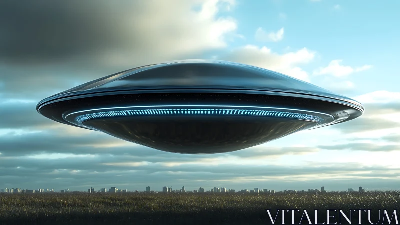 Metallic disc-shaped craft hovering above open grassland.