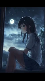 Moonlit anime girl gazes through rain at a brooding night sky