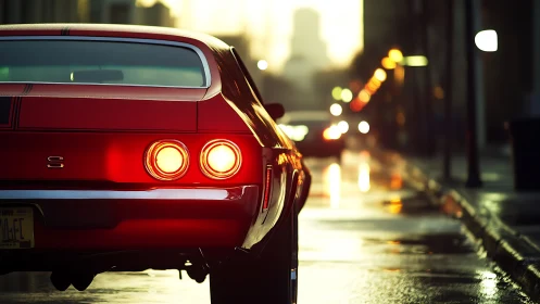 Rear view of red classic car on wet urban street at dusk.