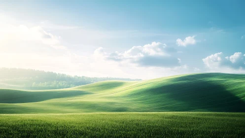 Sunlit green hills extend under a clear blue morning sky