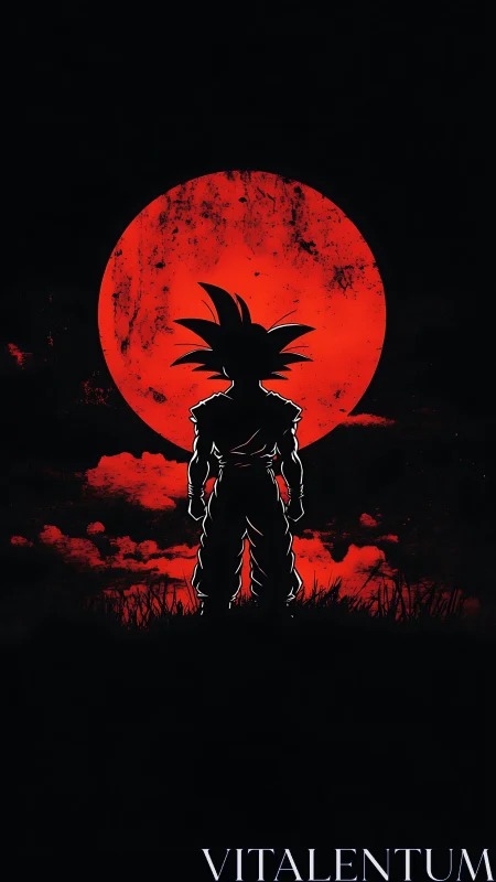 Anime silhouette against distressed red moon backdrop.