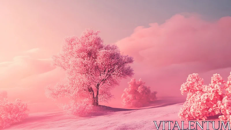 Dreamy pink trees glow softly in a pastel sunrise landscape