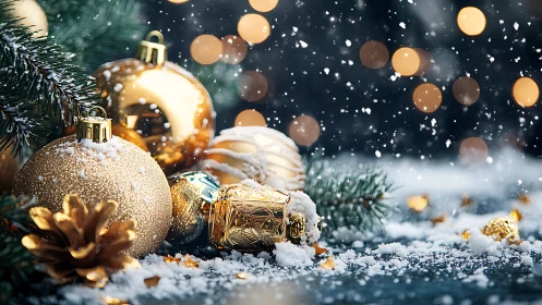 Golden Christmas ornaments in snow with pine bokeh glow.