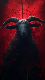 Midnight horned guardian framed in crimson stormlight.