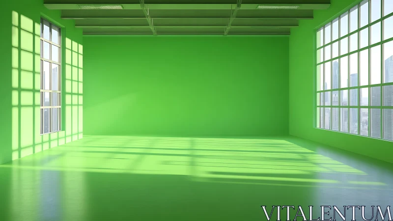 Sunlit chroma key studio interior with grid windows and hard shadows