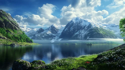 Snowcapped mountains rise over a tranquil reflective fjord