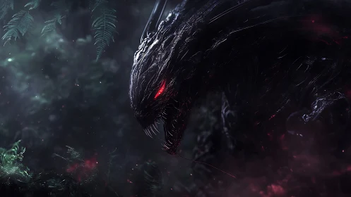 Ebon forest dragon with blazing eyes emerging from shadow.