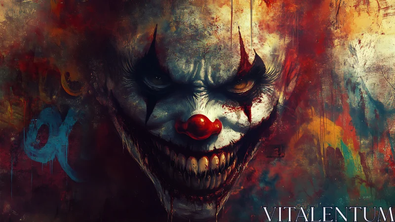 Sinister clown portrait glows against chaotic painted backdrop