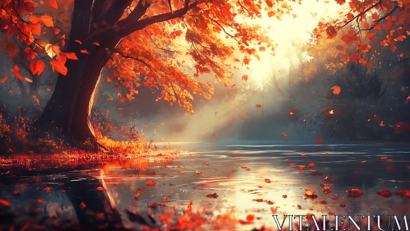 Autumn tree glows beside still river under soft sunrise light