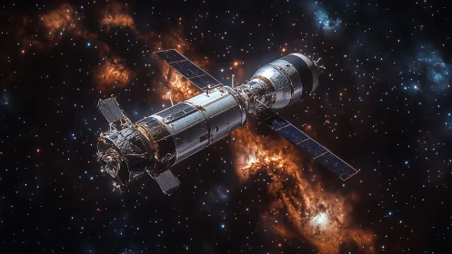 Spacecraft with solar arrays orbits dense star field in nebula