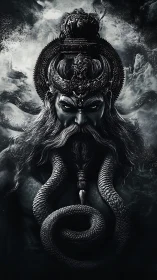 Serpent crowned storm god brooding in monochrome fury.