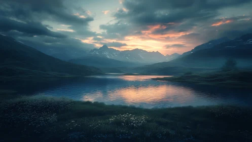 Mountain lake reflects dusk sky over distant ridge line