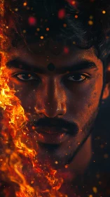 Fiery gaze of a calm soul framed in glowing embers.