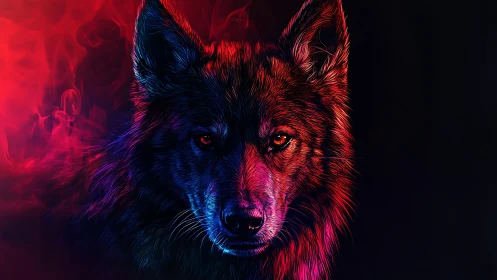 Neon wolf portrait glows through red and blue smoke haze.