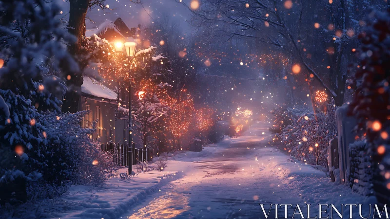 Snowlit lane drifts beneath amber lamps and wandering sparkles.