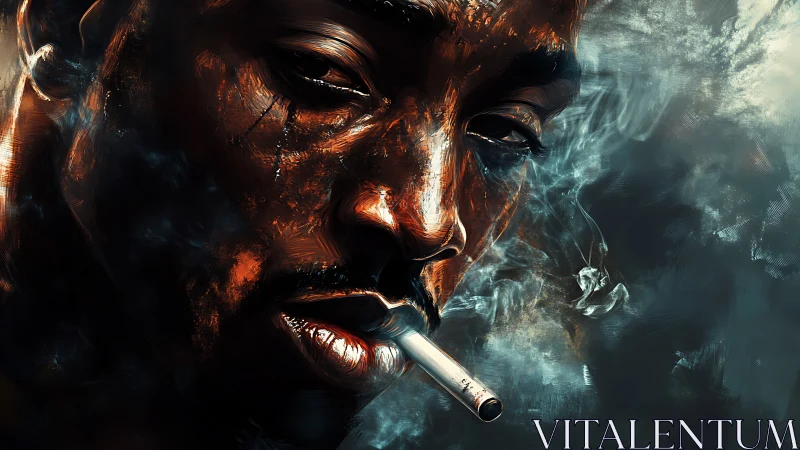 Smoke-draped gaze carves ember-lit sorrow from darkness