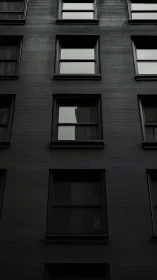 Photorealistic grid of dark urban windows on muted brick facade.
