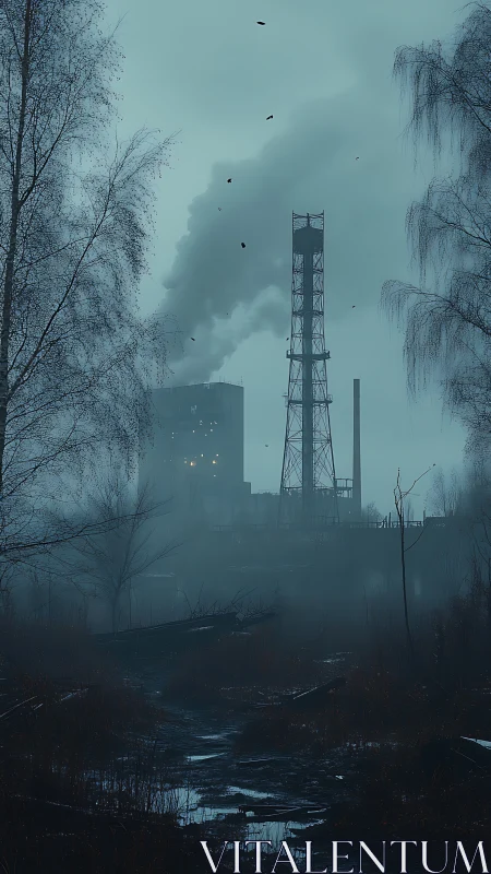 Quiet foggy factory path with moody evening smokestacks.